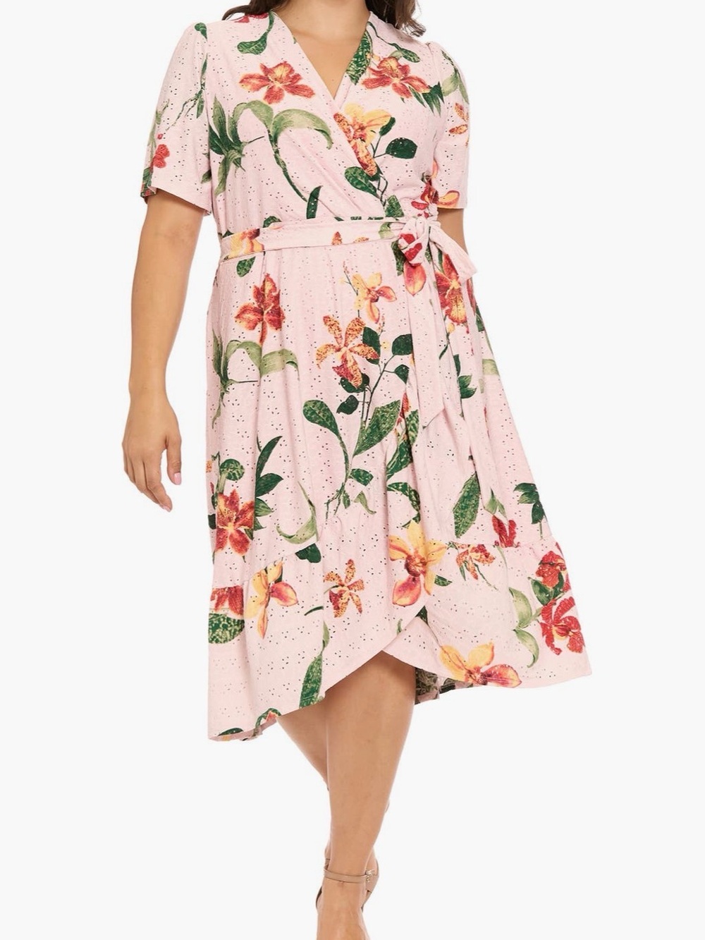 London Times Pink Floral Wrap Dress with Green Leaf Print Eyelet Detail Size 18W